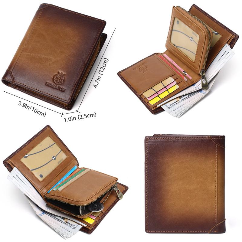Leather Bag with Anti-theft Brush, Genuine Leather Wallet, Men's Short Vertical Wallet