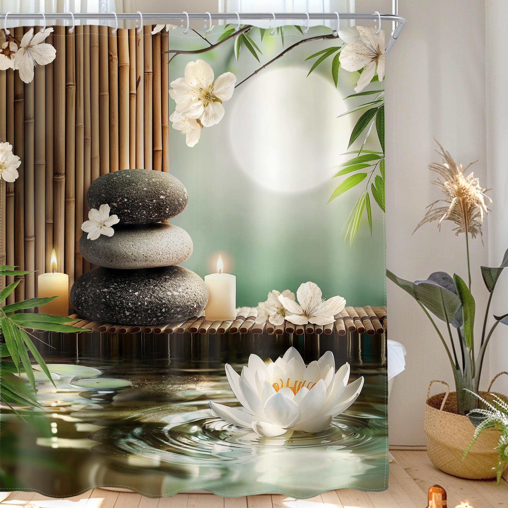 

Zen Stone Meditation Shower Curtain Green Bamboo Orchid Spa Relaxing Theme Waterproof Polyester Fabric For Bathroom Bathtub W60H190(CM)-1 Pcs