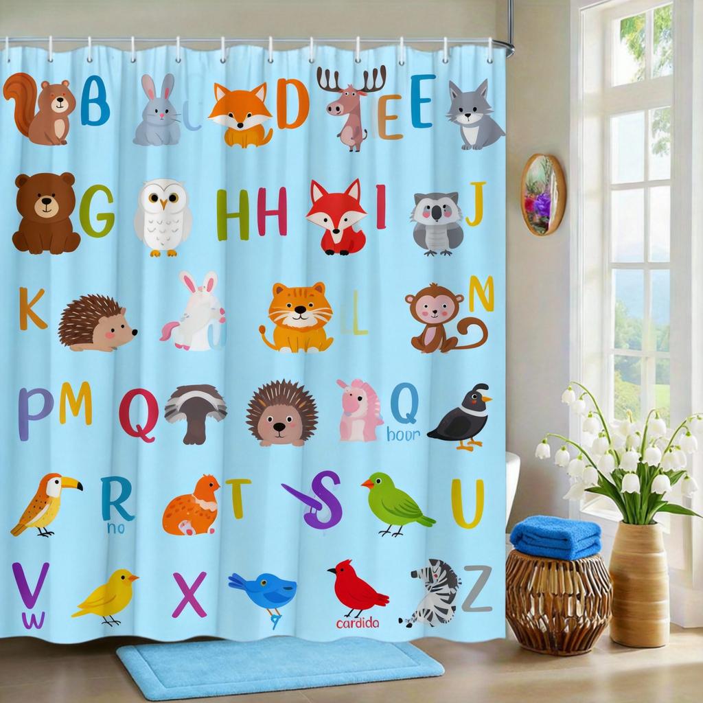 Animal Alphabet Shower Curtain Cute Cartoon Animals A-Z Print Polyester Bath Curtain with Hooks for Kids Bathroom Decor