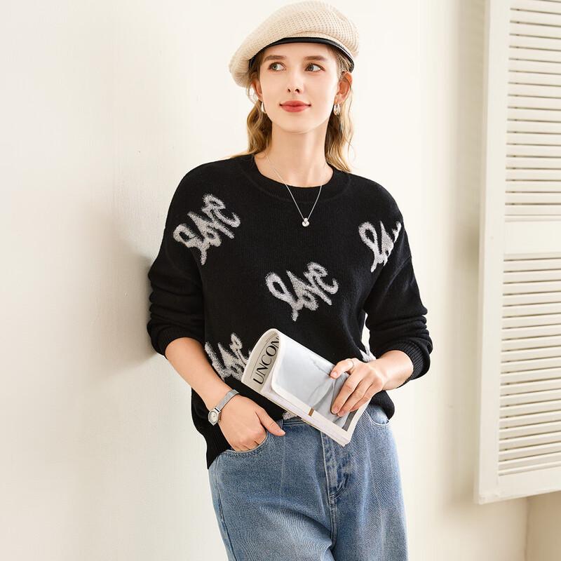 

TUHUANG Women s Pure Wool Embroidered Round Neck Sweater L