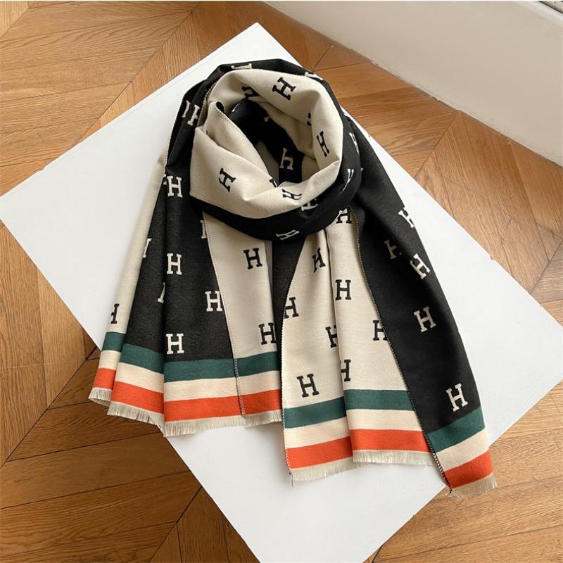 Scarf women's high-end sense versatile warm imitation cashmere shawl winter simple casual style letter business scarf dual-purpose