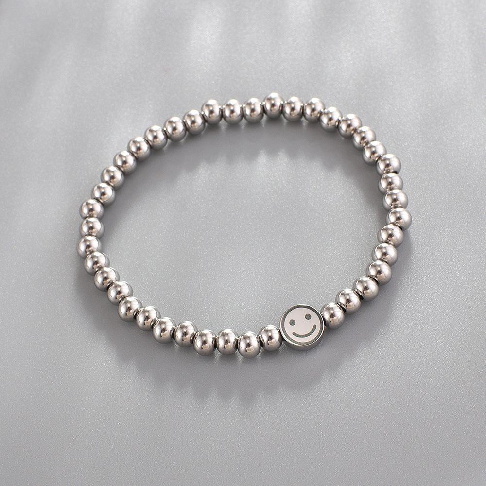 ALTERA New Fashion Stainless Steel Round Beads Elastic Bracelet Smile Face Charm Couple Bracelet for Men/Women BFF Zircon Gift