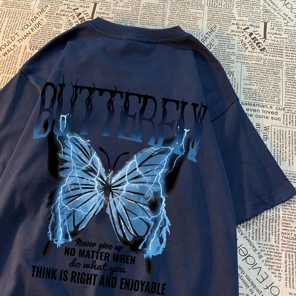 Blue Lightning Butterfly Creative Word T-Shirt Men Casual Oversized T-Shirt Casual Loose Tee Clothes Pattern Quality Tops