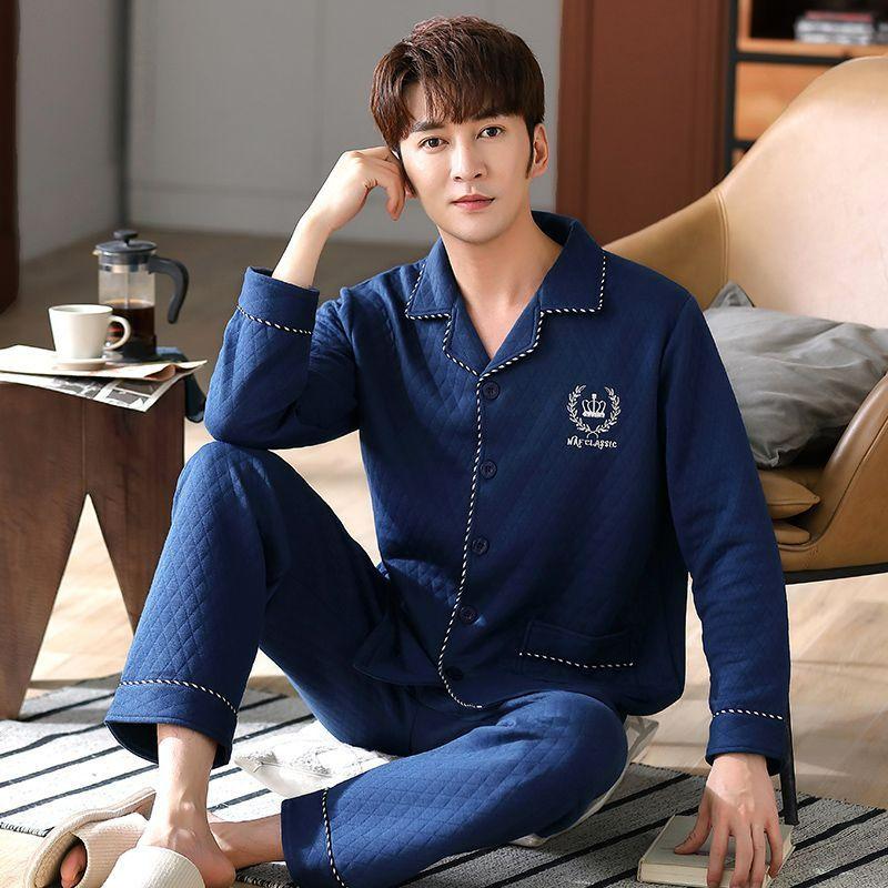 New Men Pajamas Autumn Winter Cotton Long-sleeved Loungewear Cotton Padded Plus Homewear Plus Plus Plus Size Sleepwear Suit