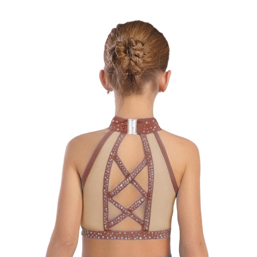Girls Latin Dance Crop Top Halter Sleeveless Crisscross Back Mesh Patchwork Sparkling Rhinestones Vest