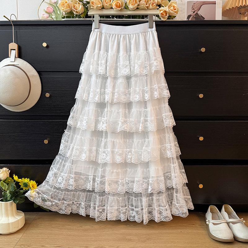 Women's Autumn 2025 A-line French Ruffled Lace Pleated Skirt