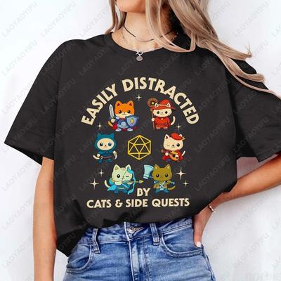 Easily Distracted By Cats And Side Quests Cotton Shirt D20 Side Quest Master Tshirt Dungeon Cat Lovely Printed Man Women Tee