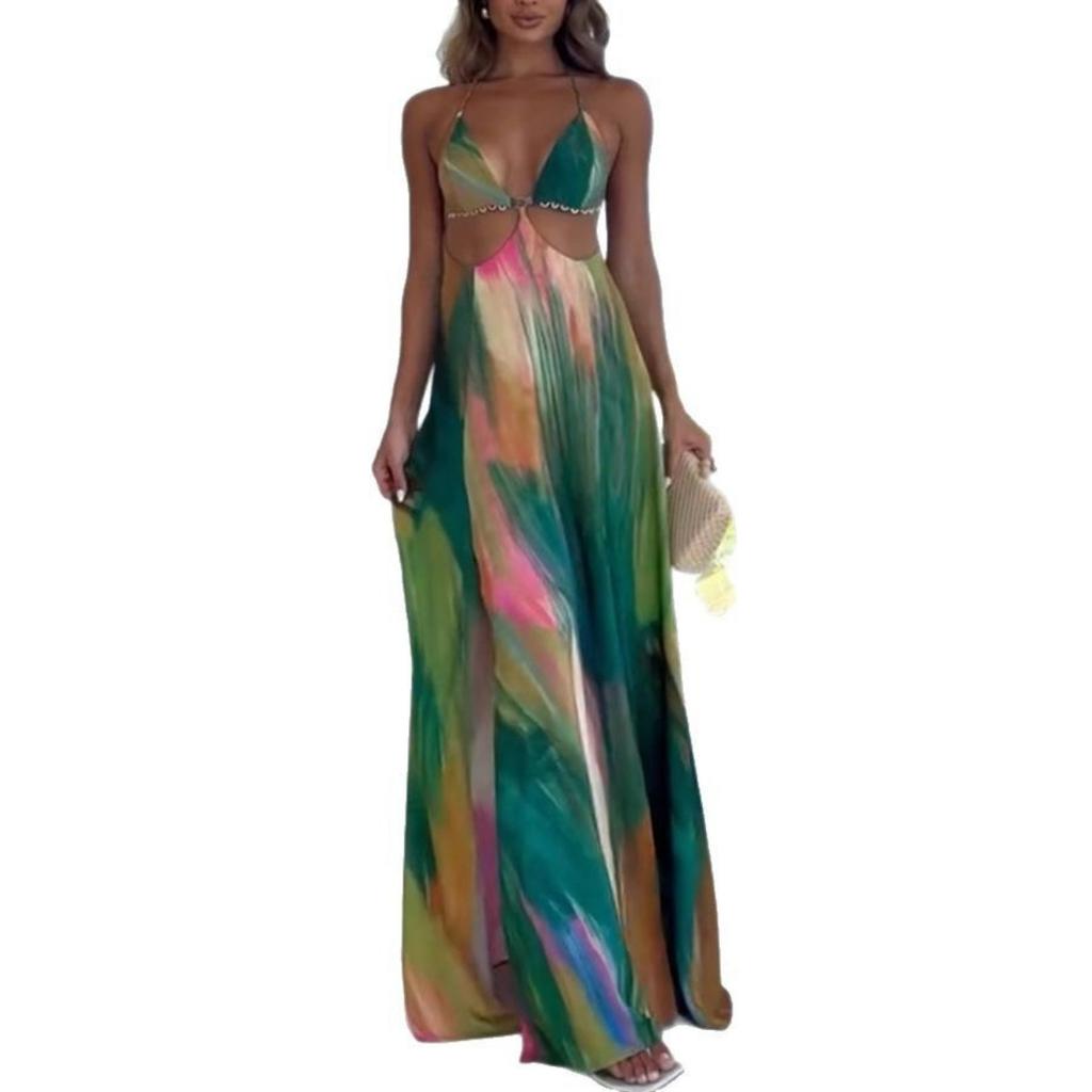 Women's  Summer Sexy Printed Spaghetti Strap Lace Trim Backless Cutout Waist Sleeveless Dress