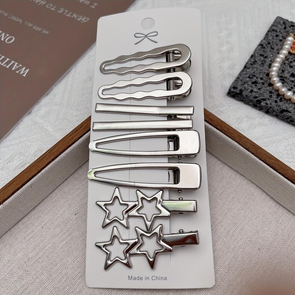 8pcs Elegant Silvery Hair Clips Set Wave Star Geometric and Teardrop Shapes Stylish Bangs and Forehead Clips for Casual Attire
