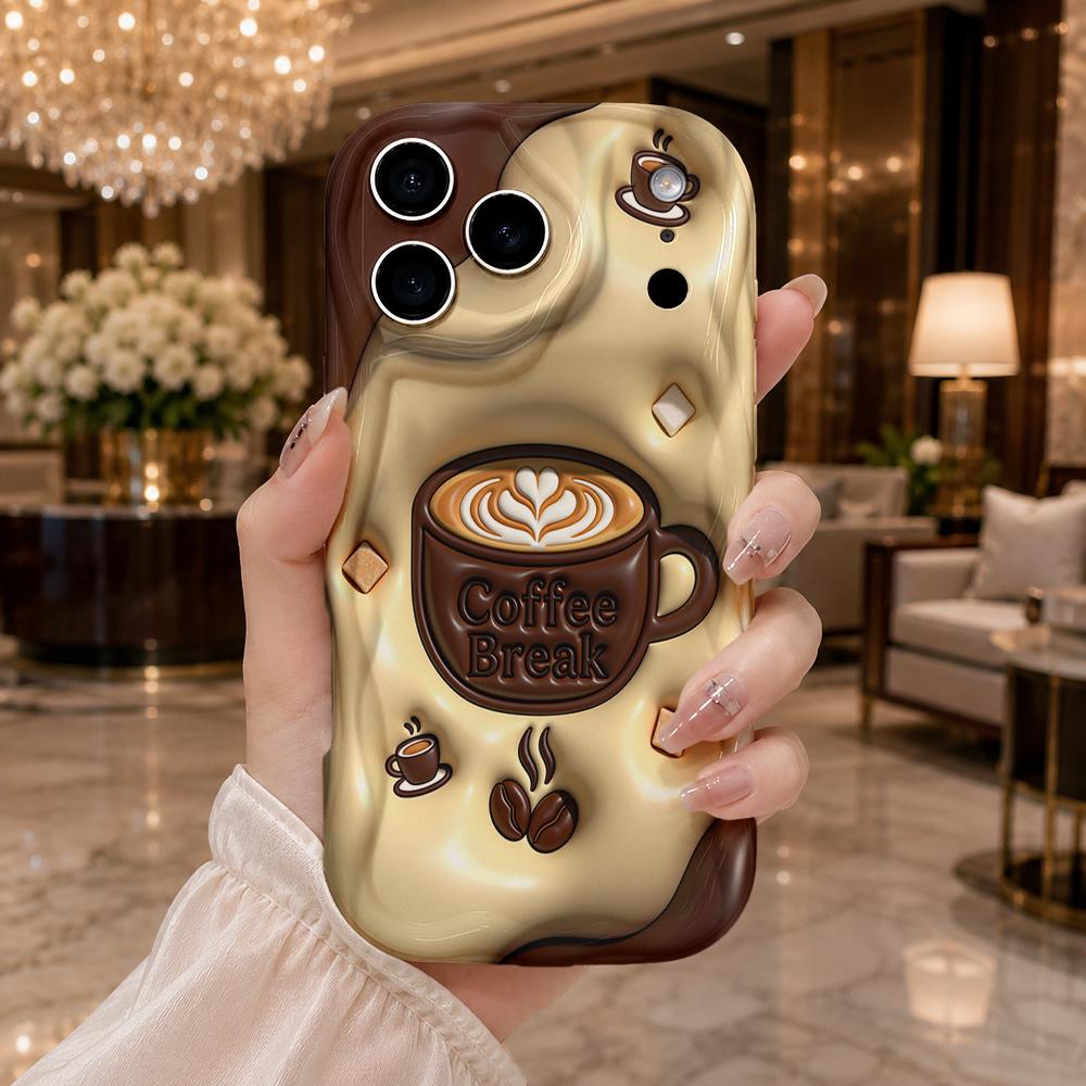 Latte Coffee Break Theme Wavy Edge Phone Case For iPhone 17 16 15 14 13 12 11 8 7 Plus Pro Max Soft Silicone Back Cover