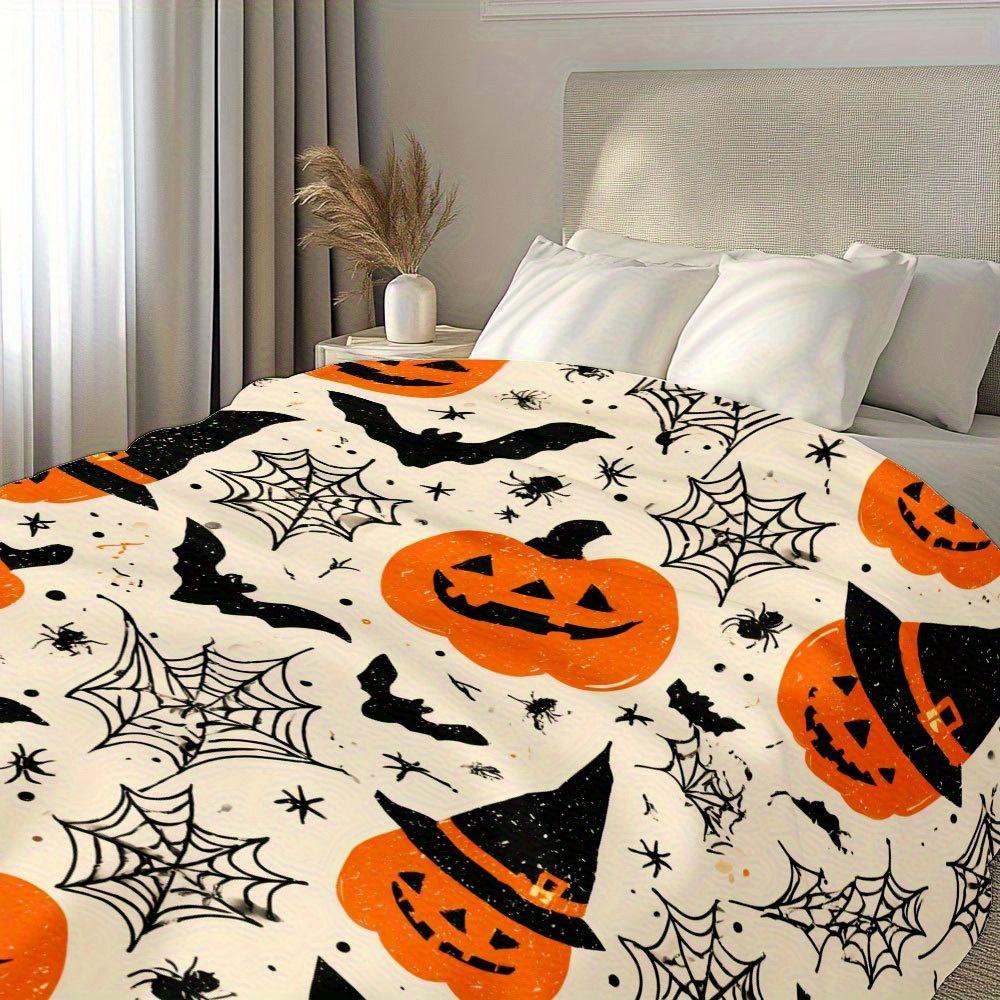 Halloween Blanket Soft Flannel Throw with Jack-O'-Lanterns, Witch Hats, Bats Orange/Black/Beige Spooky Decor Couch, Bed, Camping