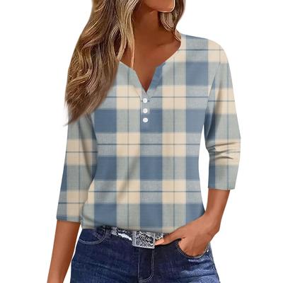 Women's Fashion Casual T-Shirt V-Neck Seven Sleeve Gradient Printed Button Top