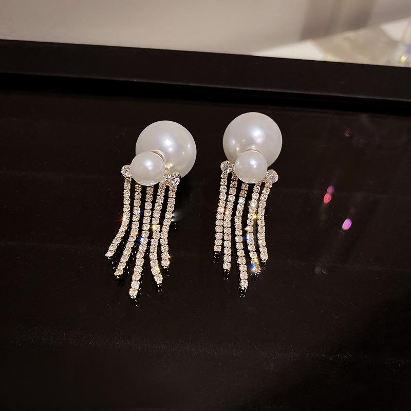 Diamond-set pearl double-sided earrings Korean ins temperament cold wind earrings fashion design earrings women