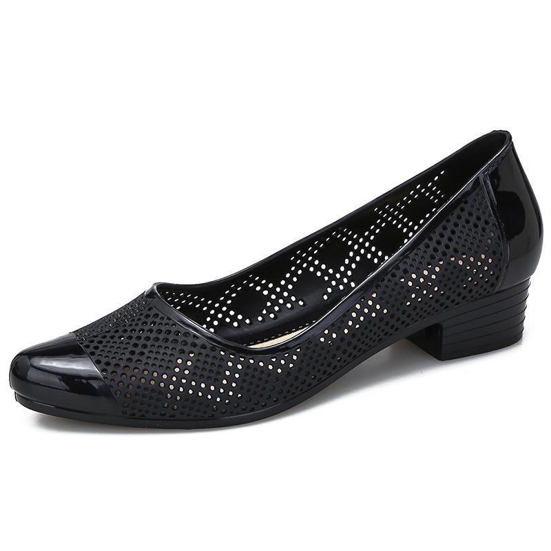 Sandales d'été à talons moyens pour femmes, à porter en extérieur, bout ouvert, couleur unie, talon épais, antidérapantes, à encolure basse, respirantes, de loisirs, avec trous