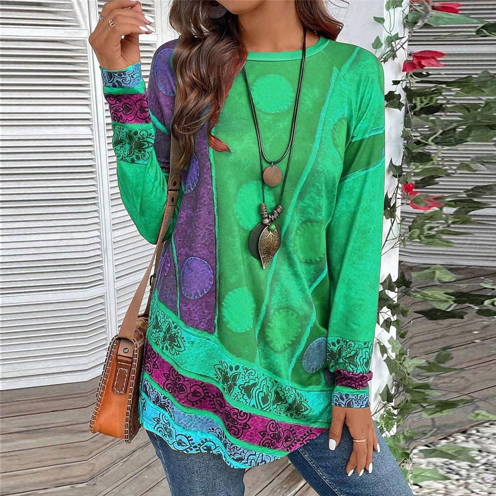 Women's Casual Plus SizeLong Sleeved Round Neck Vintage Ethnic Printing T-shirt Top Pullover