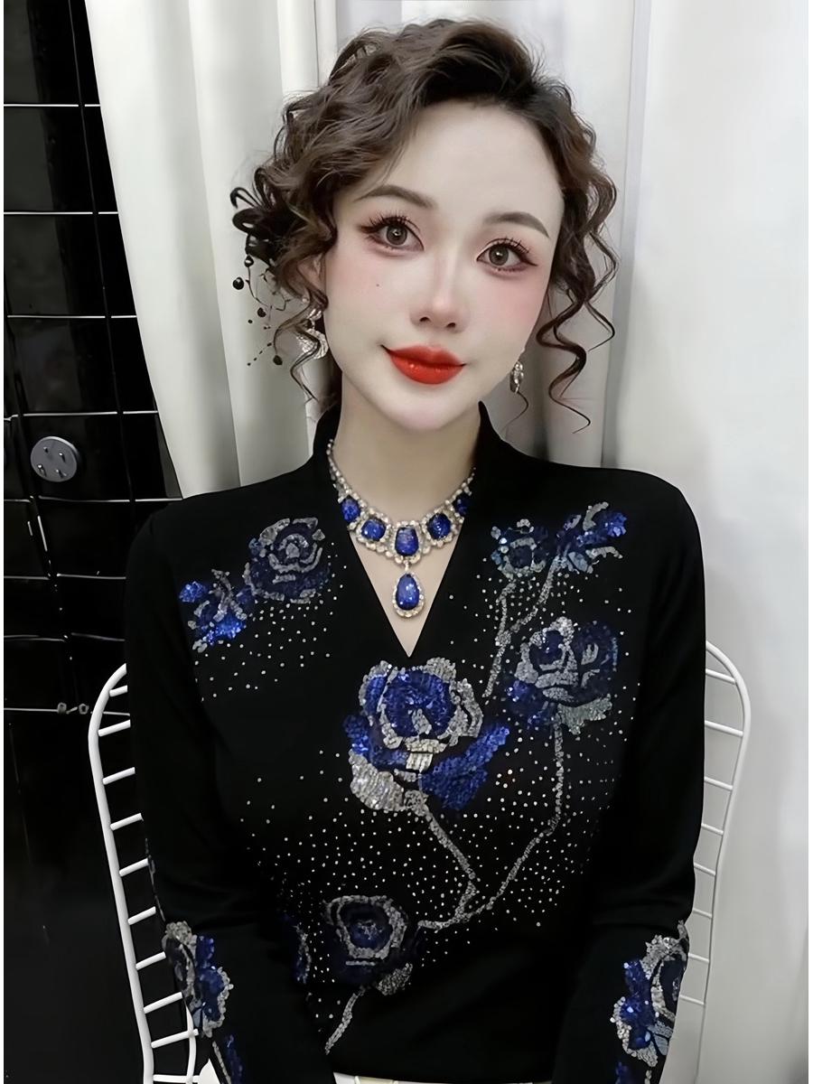 

De Rong Women s Rhinestone Long Sleeve Collar Shirt - Autumn/Winter Stylish Base Layer 3XL (136-145 cm)