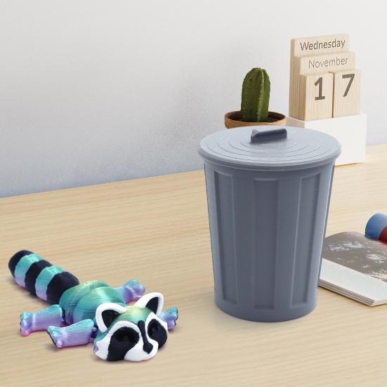 3D Printed Raccoon Figurine Movable Joints Raccoon Fidget Toy Trash Can with Articulated Raccoon Inside Desktop Decoration Ornament