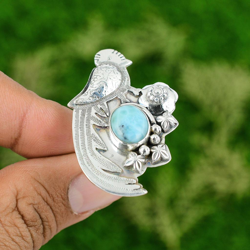Birthday Gift For Her Natural Larimar Statement Bird Adjustable Ring 925 Silver