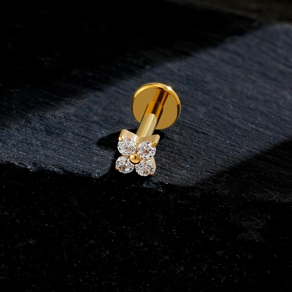 Right Grand ASTM F136 Titanium Flower CZ Cartilage Earring 16G Four Leaf Helix Tragus Stud Flat Back Labret Piercing Jewelry