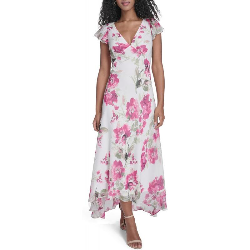 European and American floral chiffon A-shaped medium and long dress 2026 summer new V-neck floral skirt S
