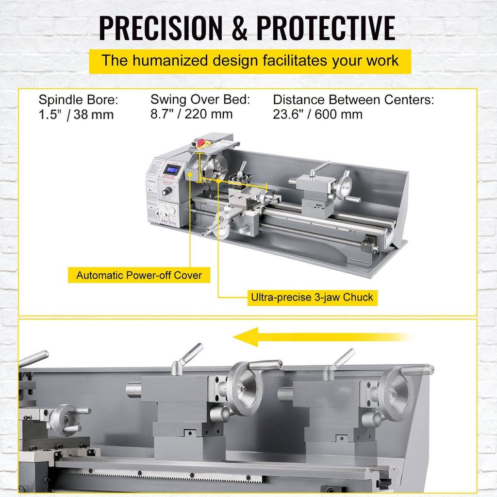 Mini Metal Lathe 750W Variable Speed Metal Lathe 50 to 3000Rpm Milling Precision Lathe 220 x 600mm for Metal Metal Lathe for Counter Face Turning