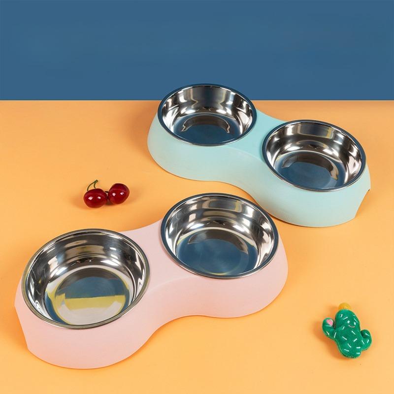 Dog Bowl and Food Container Combined Pet Oval Stainless Steel Double Bowl Cat Drinking Bowl Anti-Flop Dog Basin