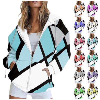 Women's Fashion Casual Printed Sweatshirt Long Sleeve With Pocket Cardigan Jacket Zipper Hoodie Coat