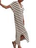 Women's Striped Knit Maxi Dress V Neck Collar Short Sleeve High Slit Beach Dress Plus Size