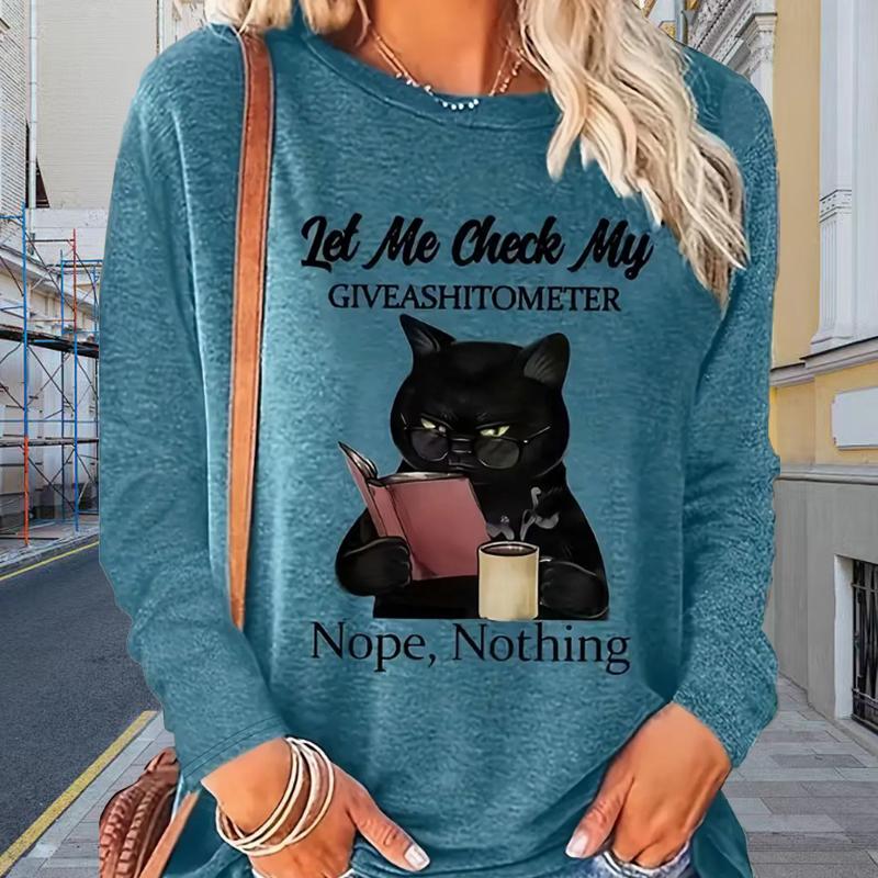 Tops For Women The Cat Reading Print Round Neck Long Sleeve T-shirt Fall Casual Slim Pullover Women's Long Sleeve Top