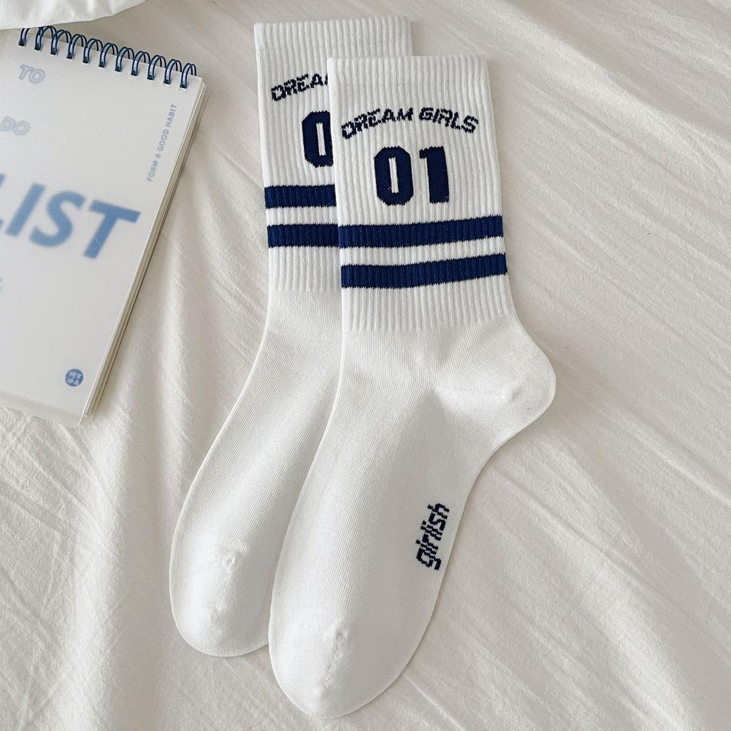 Ladies Autumn and Winter New Letter High Rubber Stripe Two Bars Sport Tube Cotton Socks