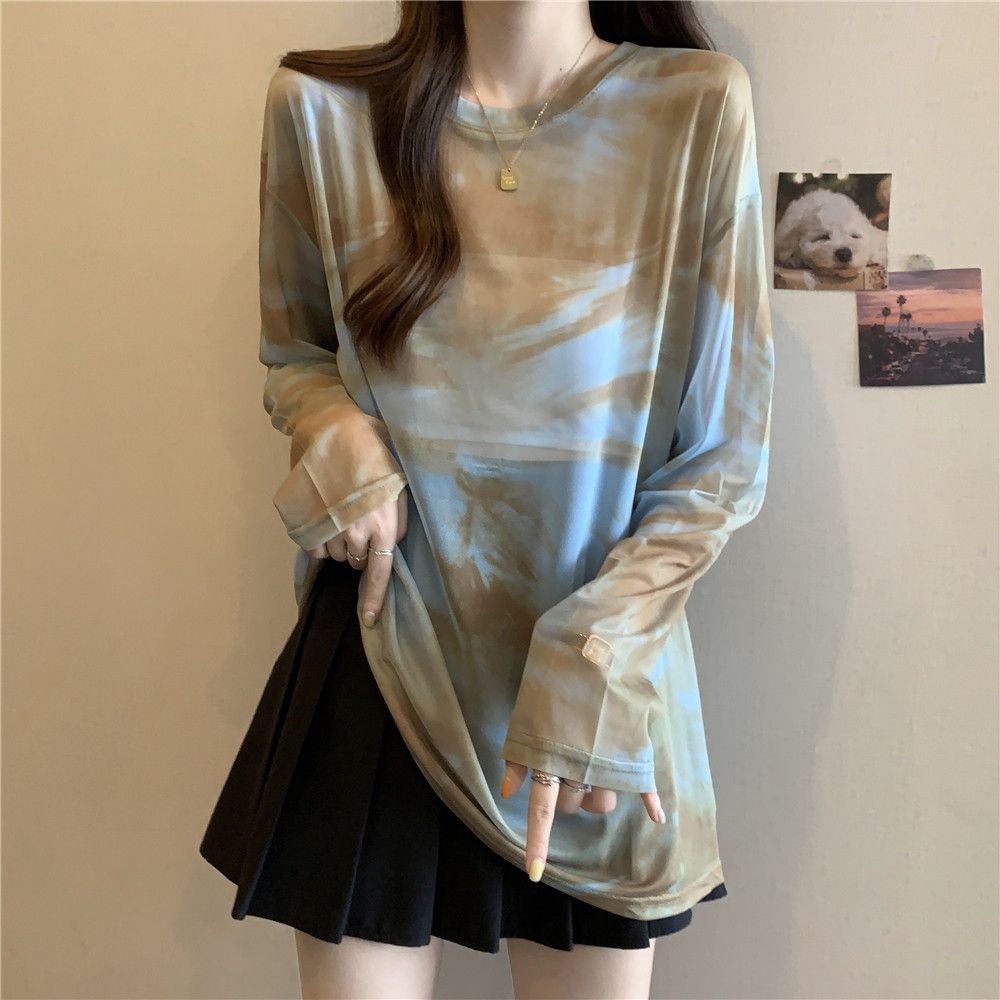 Thin Ice Silk Long Sleeve Sunscreen Hoodie for Women In Summer Large Size Fat Loose Slim Medium To Long Tie Dyeing Mesh Top