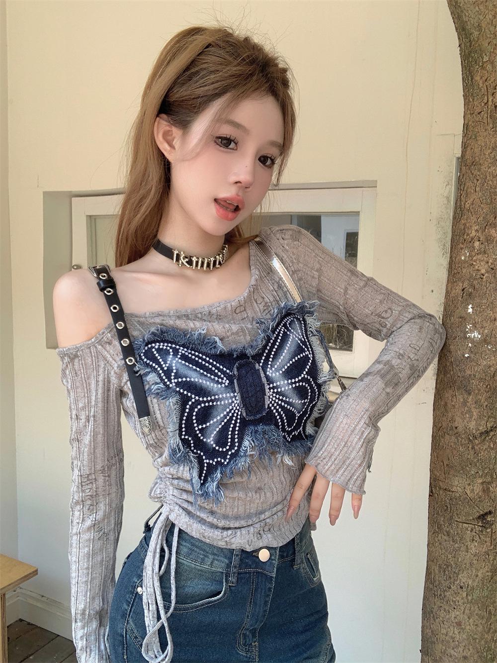 

Осенний ретро-топ Y2K Butterfly Denim с открытыми плечами для женщин M