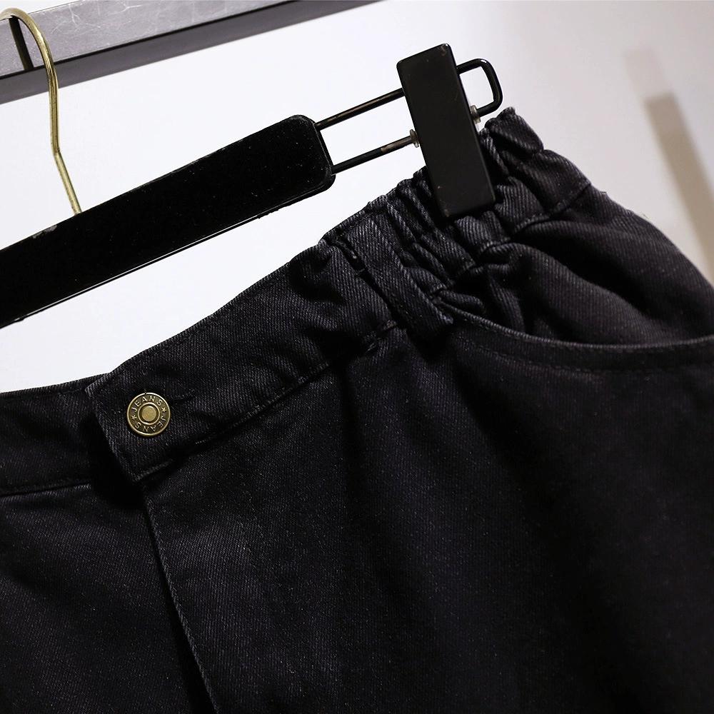 Shorts di Jeans da Donna Estivi Dritti a Vita Alta Sezione Sottile Colore Solido Larghi con Buchi e Bordo Grezzo