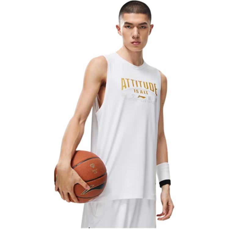 Série Profissional de Basquete LiNing Estampa de Letras Absorvente de Umidade Secagem Rápida Regata Masculina Tops Branco AVST037-11