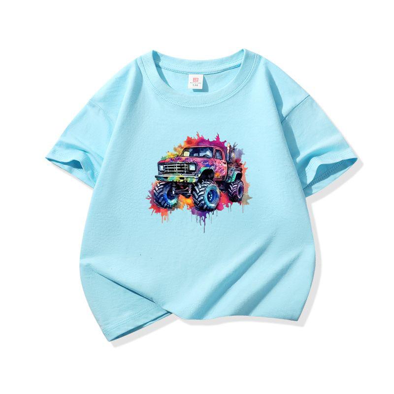 Kids Cotton T Shirt Cute Doodle Offroad Vehicle Print Crew Neck Short Sleeve Tee Casual Boys Girls Summer Tops