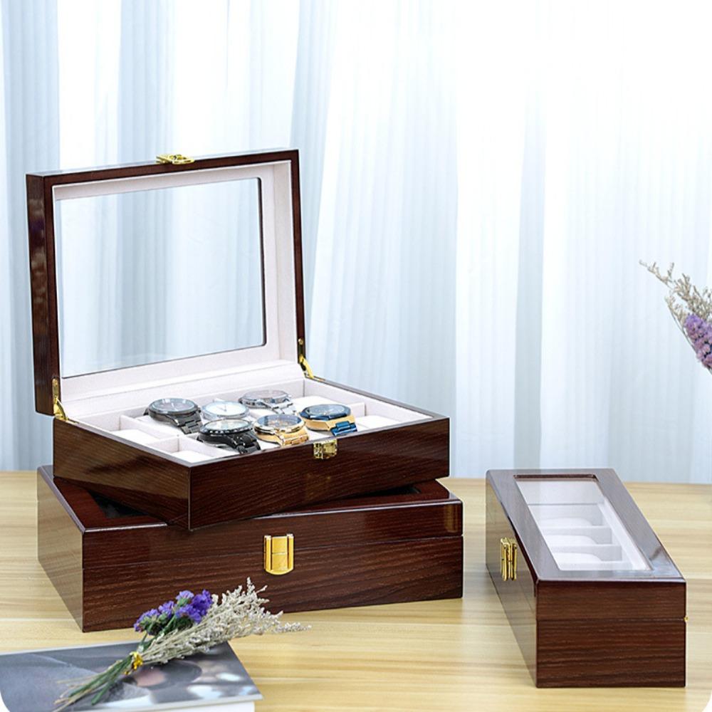 Watch Box, Wooden Watch Organizer, High-end Watch Storage Box, 10 Slots Display Case with Large Glass Lid, Ideal Gift