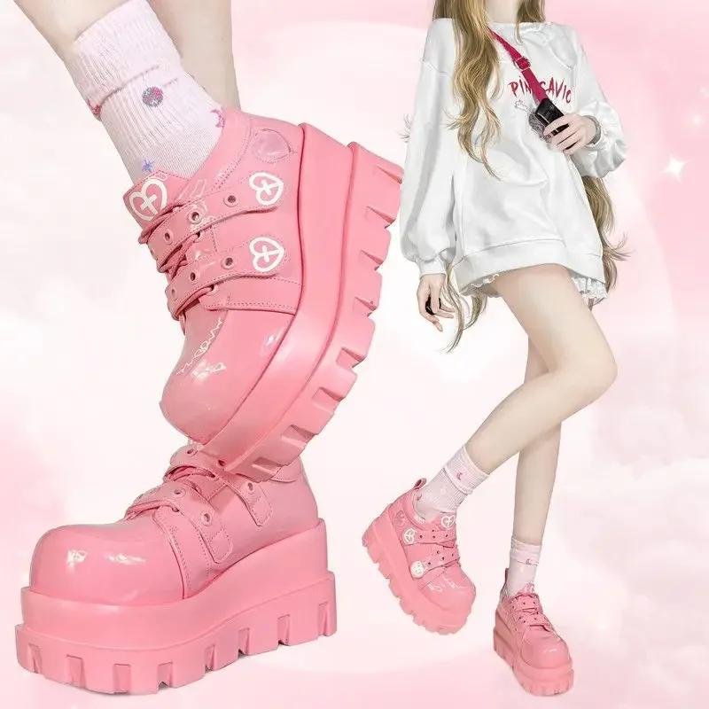 Fashion Fashion womens boots Platform Boots Women Spring Autumn PU Trifle Base Pink Lolita Shoes Round Toe Solid High Heels Gothic Shoes