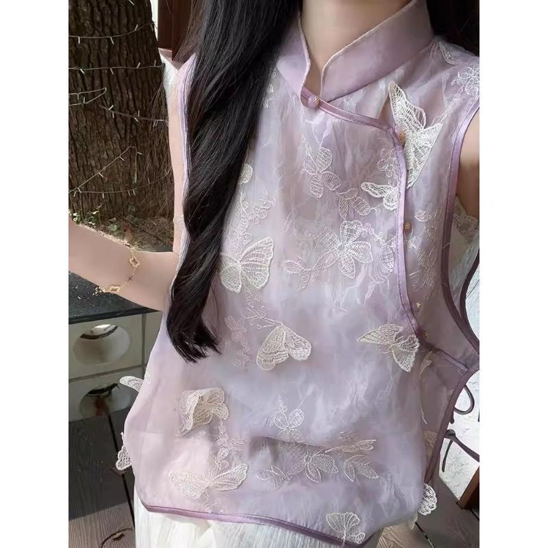 Butterfly embroidered vest women's improved purple cheongsam thin sleeveless mesh vest outer top