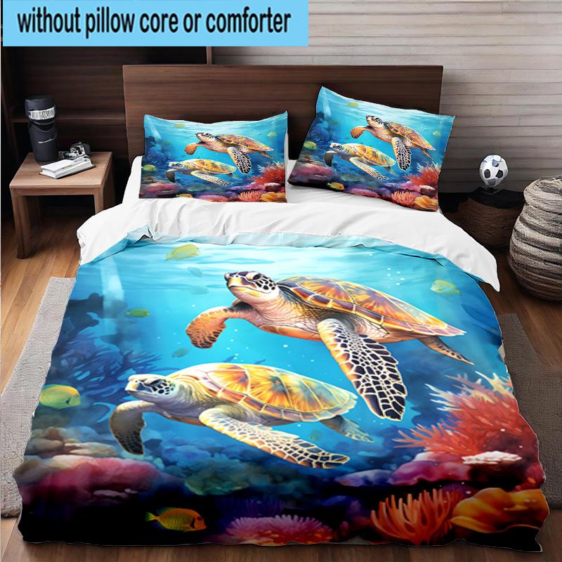 Cartoon Sea Turtle Artwork 3pcs Bedding,Including 1pc Duvet Cover And 2pcs Pillowcases Perfect for Christmas,Ideal for Bedroom, Dormitory