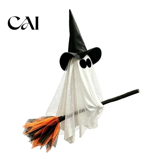 Decorative Broomstick with Ghost Mask Halloween Witch Broom Hanging Ornament, Spooky Hat Creepy Bar Ceiling Decoration Pendants for Indoor Outdoor