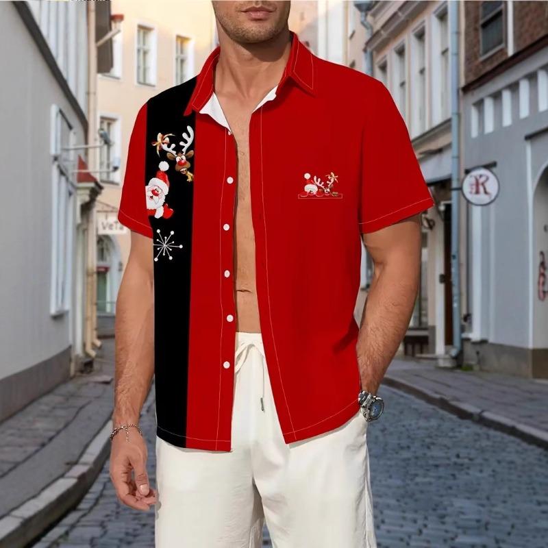 Autumn and Winter Men's Short Sleeved Shirt New Year's Christmas Pattern Digital Printed Shirt Top Men's Casual Shirt