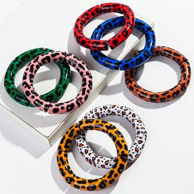 New Colorful Leopard Acrylic Thick Bamboo Tube Bracelet Bangle for Women Retro Resin Elastic Stack Bracelets Trendy Jewelry Gift