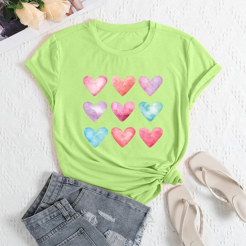 Summer Women's Plus Size Color Heart Print Loose Round Neck Casual Pure Cotton Short Sleeved T-shirts Women's