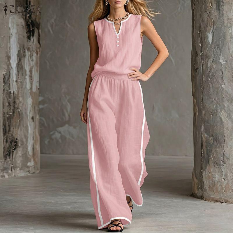 ZANZEA Completi da Donna Due Pezzi Casual: Top a Gilet Senza Maniche e Pantaloni Lunghi