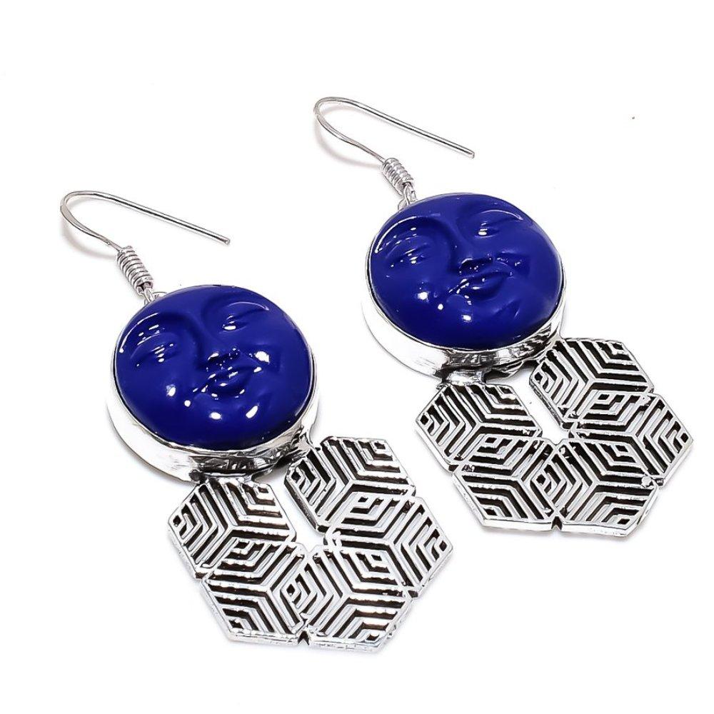 Blue Face Gemstone Handmade 925 Sterling Silver Jewelry Earring 2.52" m4b83