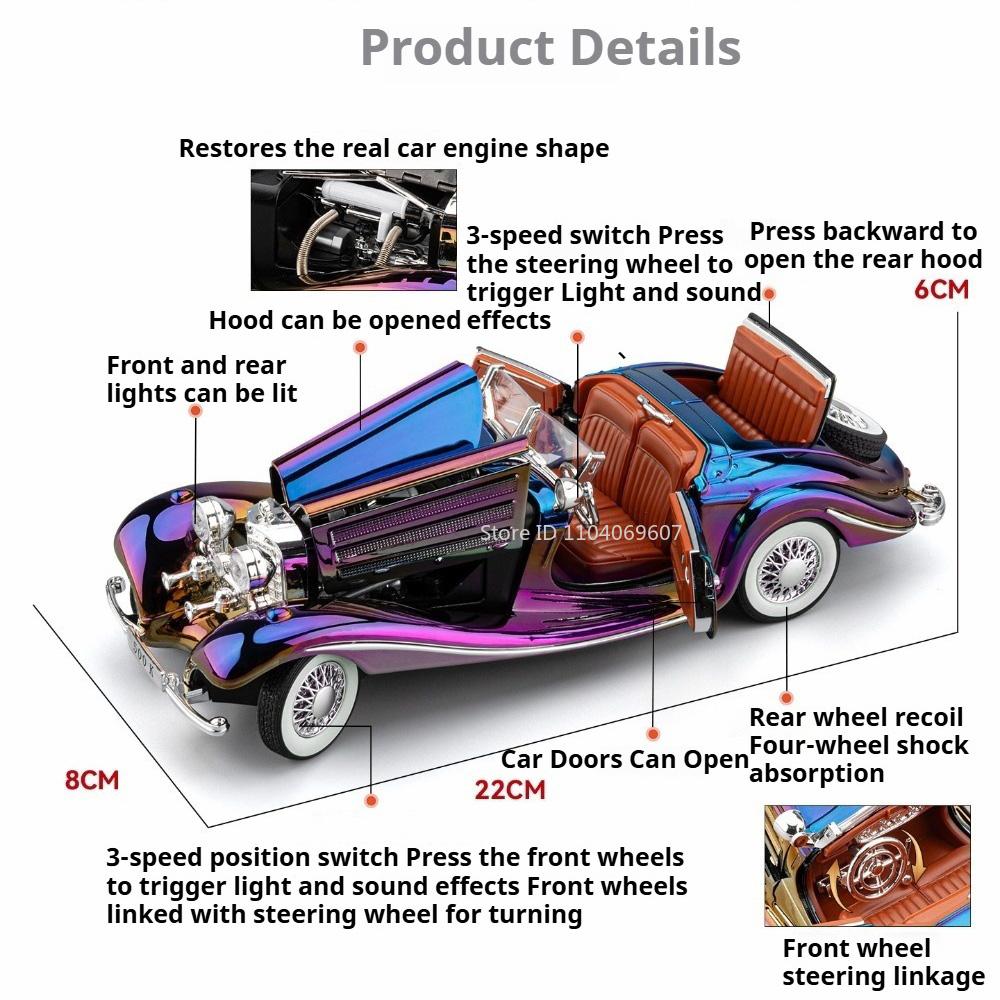 1:24 500K Atlantic Cars Toy Alloy Models with Light Sound Doors Opened Miniature Car Wheel Steering Vehicles Collect Souvenirs