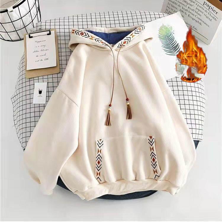 Women's Hoodie Drawstring Tassel Exquisite Embroidery Large Pocket Thick Pullover Artistic Fashionable Autumn Winter Top Jacket