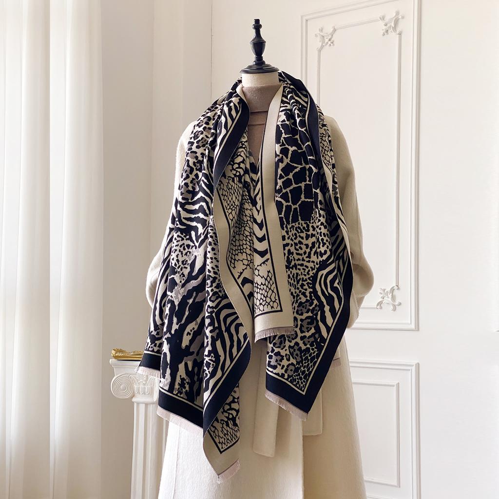 Winter Elegance Cashmere Two-Sided Scarf For Women Leopard Print Shawl Female Pashmina Luxury Poncho Thick Blanket Warm Bufanda