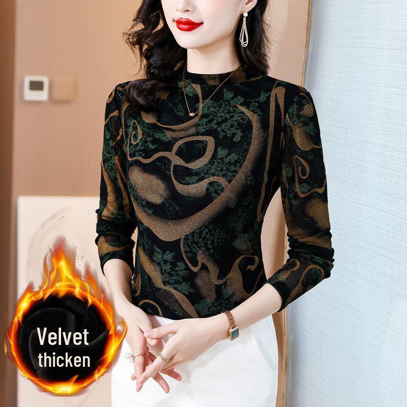 Southeast Asia 2024 Autumn/Winter Slimming Fleece-Lined Printed Women's Top with Semi-High Collar