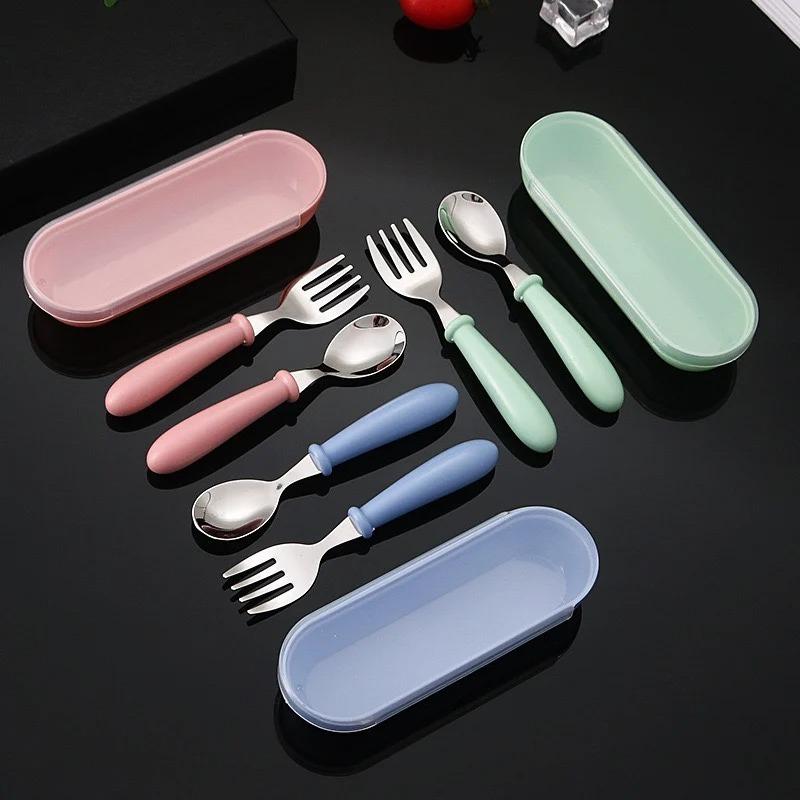 3pcs 304 Stainless Steel Portable Tableware Set Outdoor Spoon and Fork Student Portable Tableware Set Baby Feeding Spoon Box